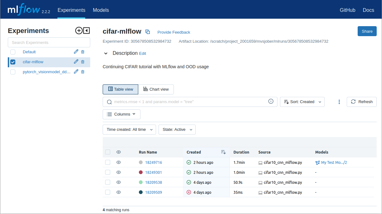 MLflow front page with list of runs