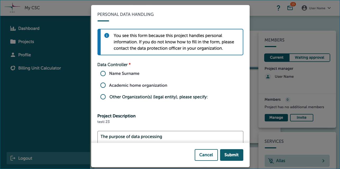 Personal data handling document.