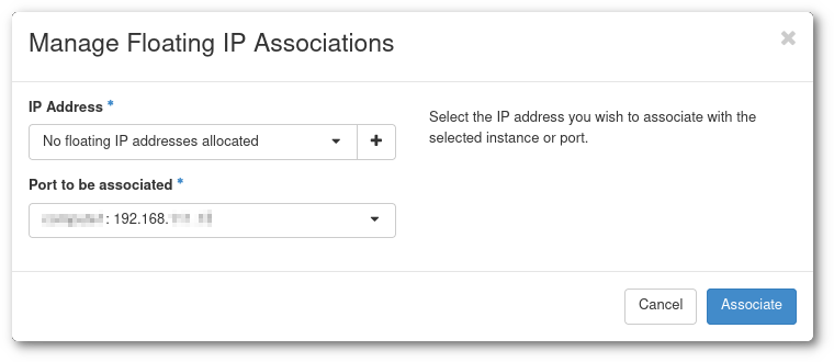 Floating IP association dialog