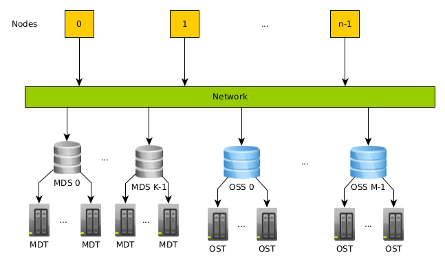 "Schematic picture of compute nodes accessing OSTs and MDTs via OSS and DST servers via network. The acronyms and relations are explained also in the text."