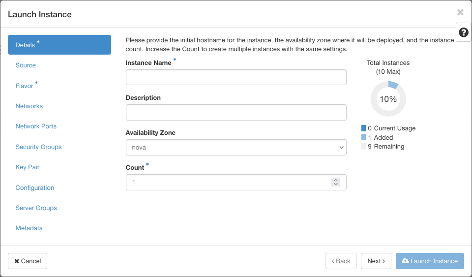 Launch the instance view