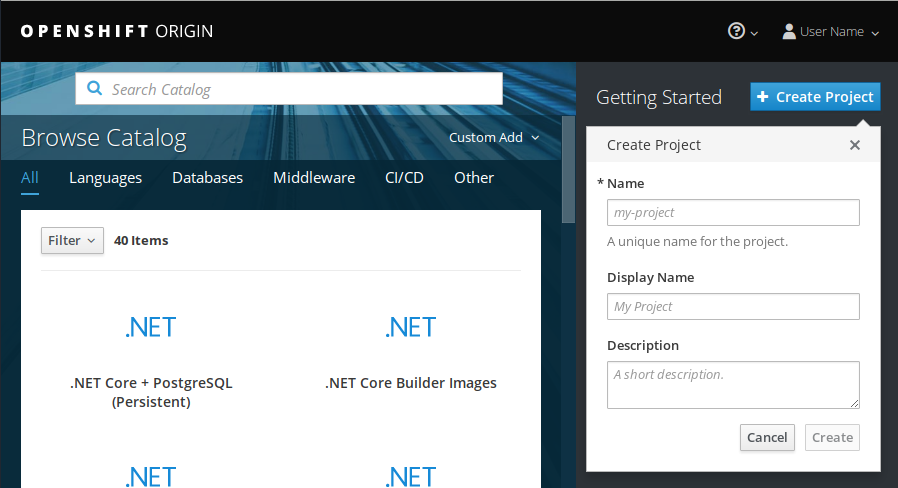 OpenShift new project dialog