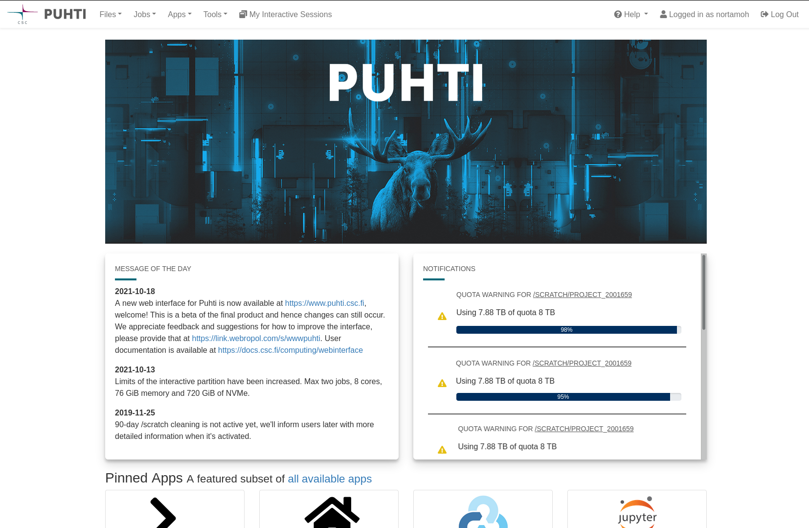 Puhti web interface front page
