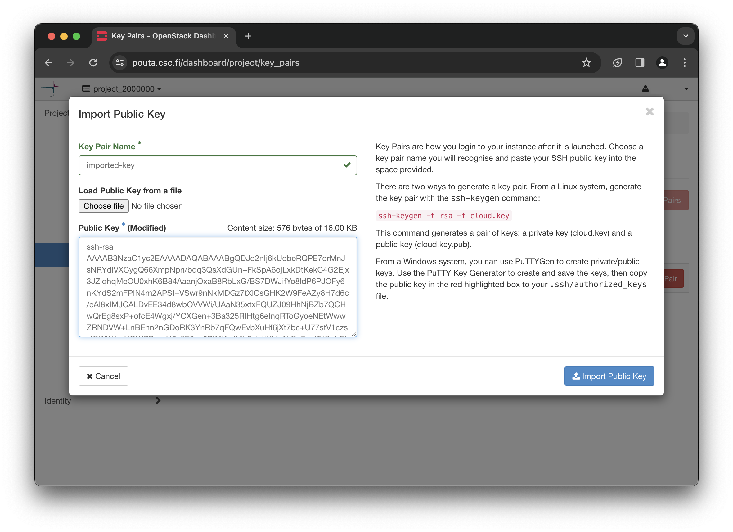 Importing an existing SSH key pair.