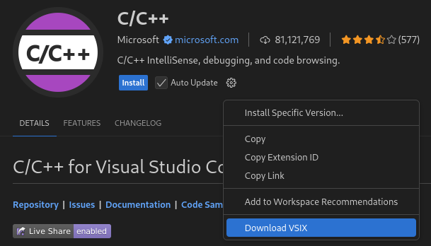 cpptools VSIX:n lataaminen