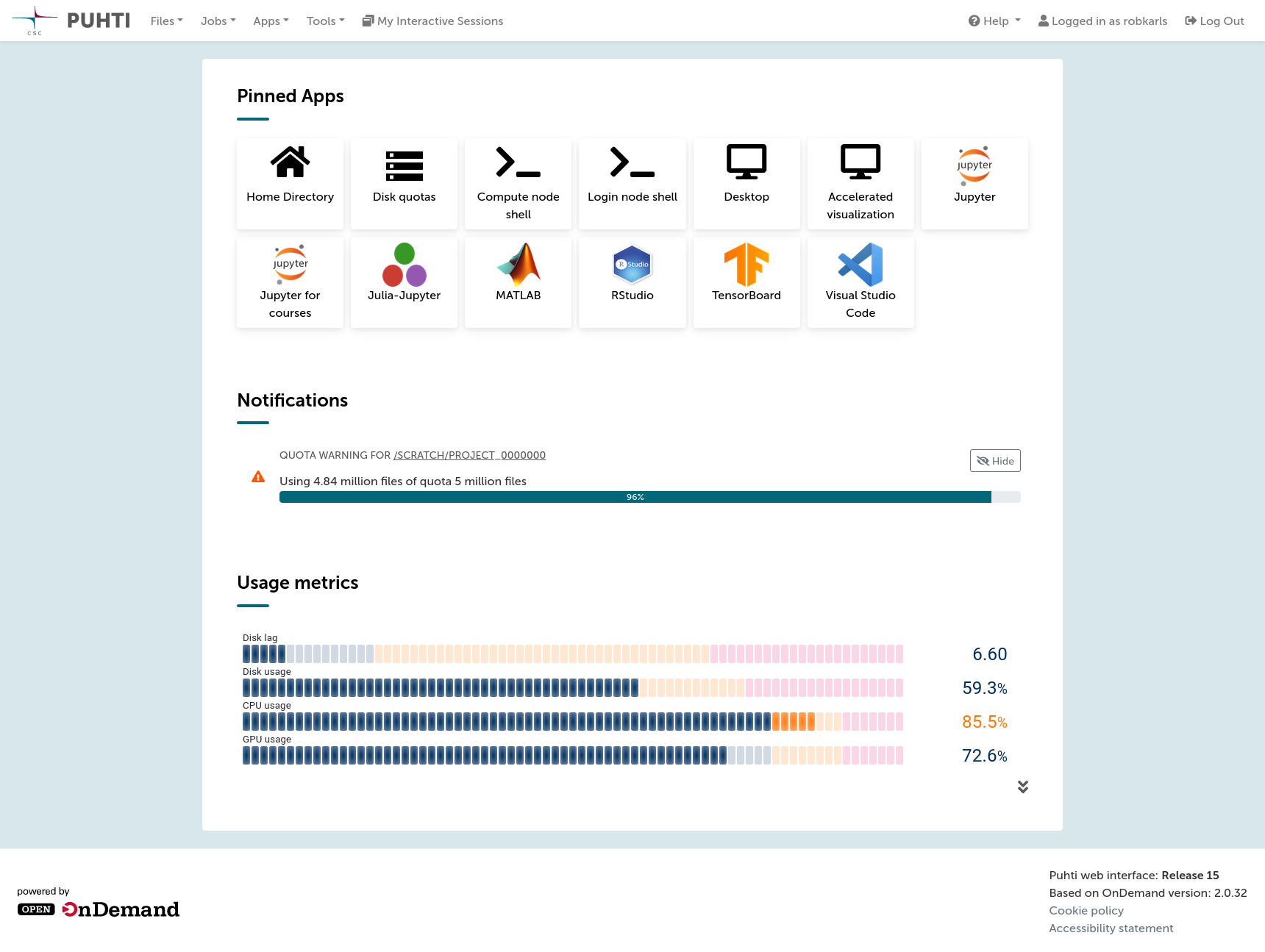 Puhti web interface front page